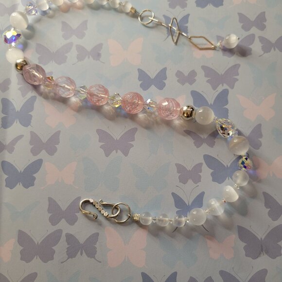 #81, Living Pink made with Selenite, glass beads, sterling silver spacers - Picture 1 of 7